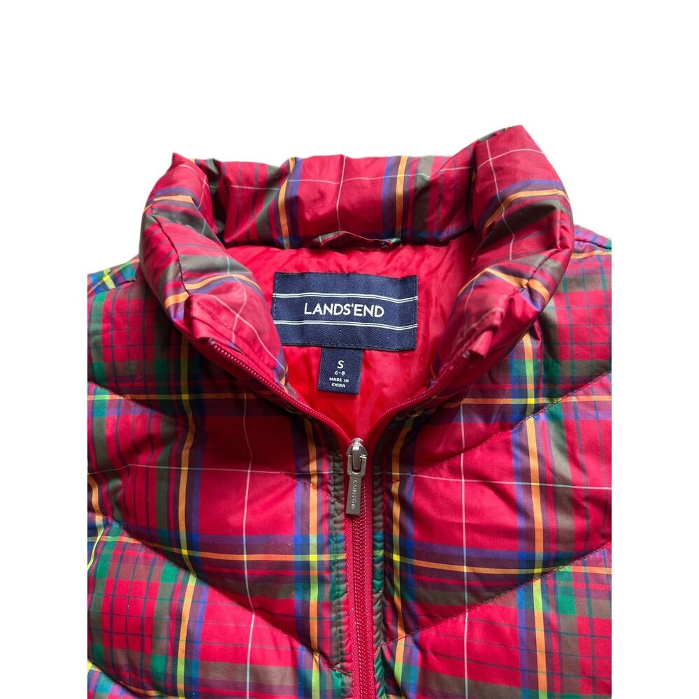 Lands' End Down Puffer Red Blue Green Yellow Plaid Full Zip Vest Small (4-6) - Picture 3 of 4